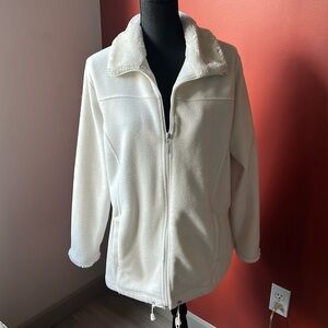 Creamy white fleece jacket w/furry collar & cuffs, zipper front & elastic tie